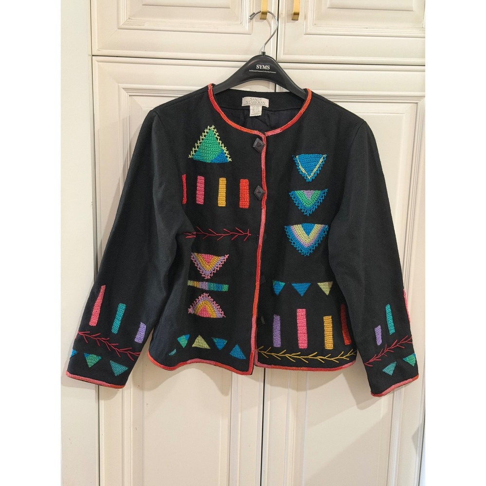 Sandy Starkman‎ Jacket Womens XL Black Multi Wool Blend Embroidered Art to Wear